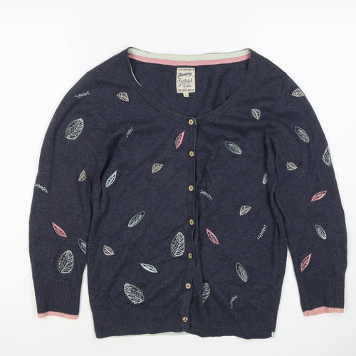 Mantaray Women’s Blue Size 10 Leaf Embroidered Button Cardigan