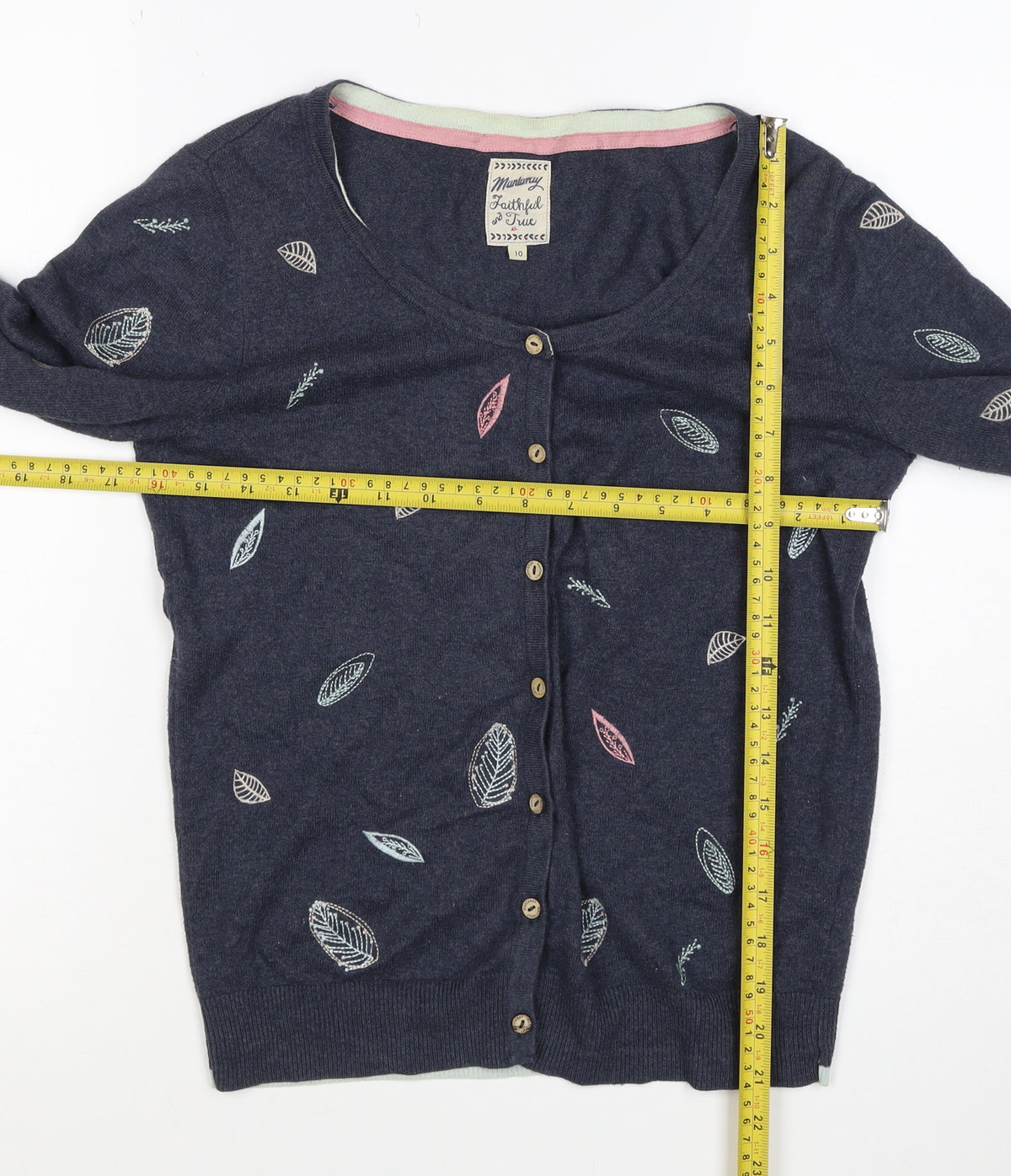 Mantaray Women’s Blue Size 10 Leaf Embroidered Button Cardigan