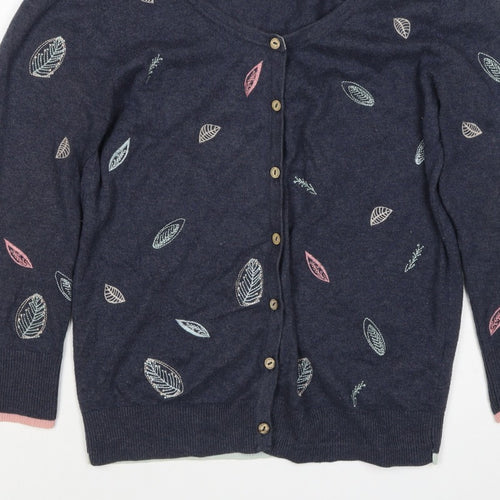 Mantaray Women’s Blue Size 10 Leaf Embroidered Button Cardigan