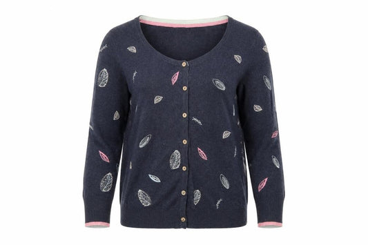 Mantaray Women’s Blue Size 10 Leaf Embroidered Button Cardigan