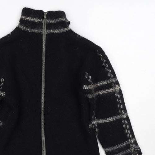 Firetrap Women Black M Full Zip High Neck Wool Blend Check Jumper