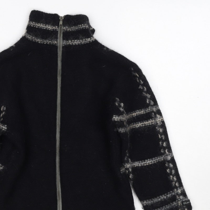 Firetrap Women Black M Full Zip High Neck Wool Blend Check Jumper