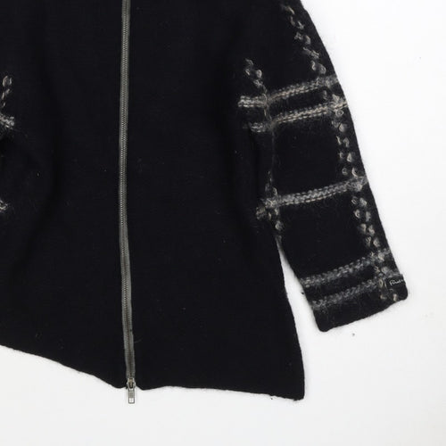 Firetrap Women Black M Full Zip High Neck Wool Blend Check Jumper