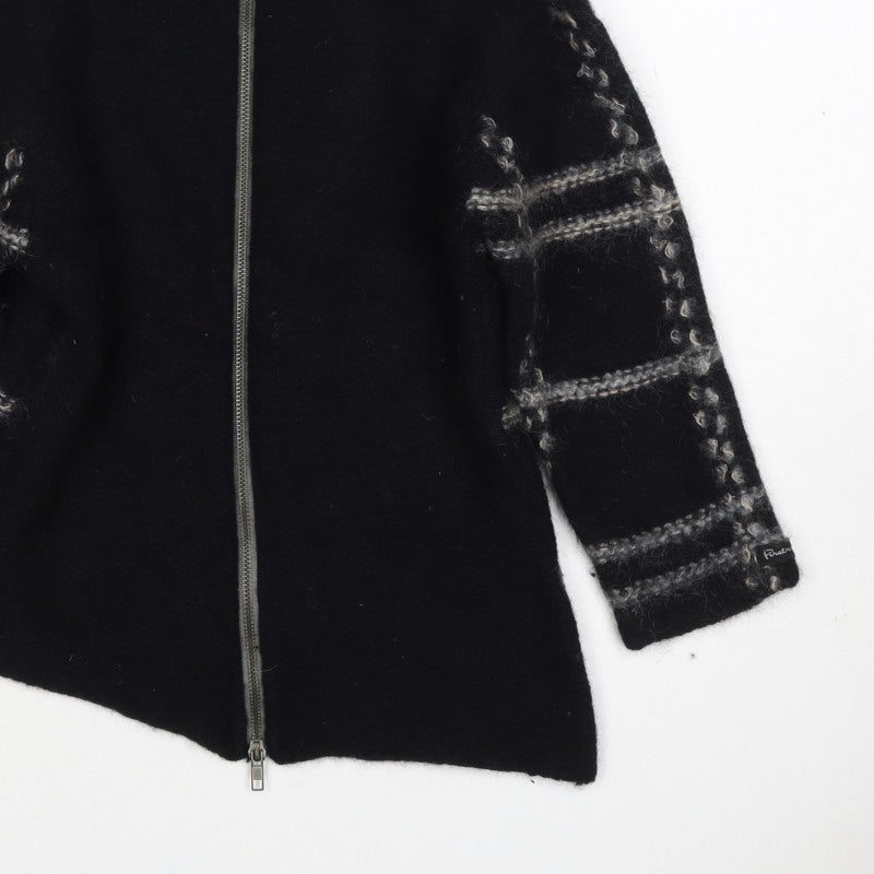Firetrap Women Black M Full Zip High Neck Wool Blend Check Jumper