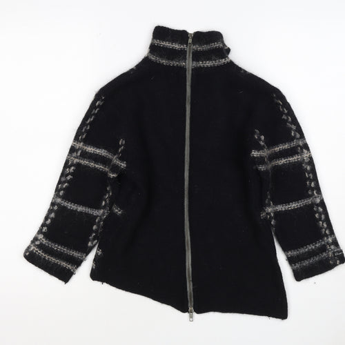 Firetrap Women Black M Full Zip High Neck Wool Blend Check Jumper