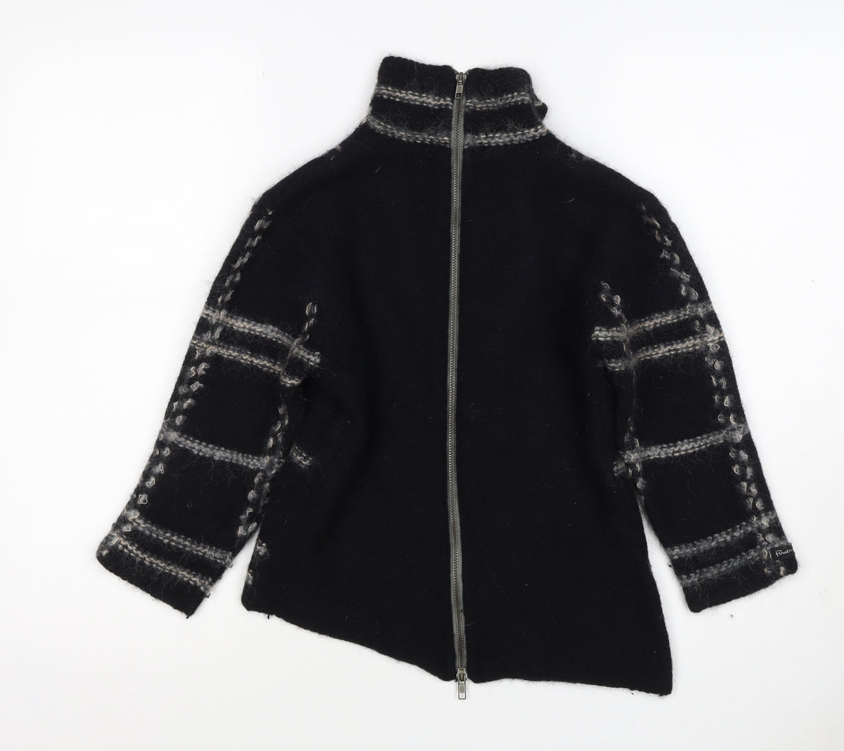 Firetrap Women Black M Full Zip High Neck Wool Blend Check Jumper