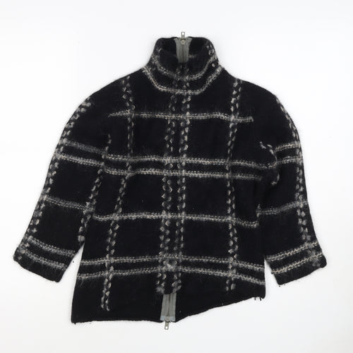Firetrap Women Black M Full Zip High Neck Wool Blend Check Jumper