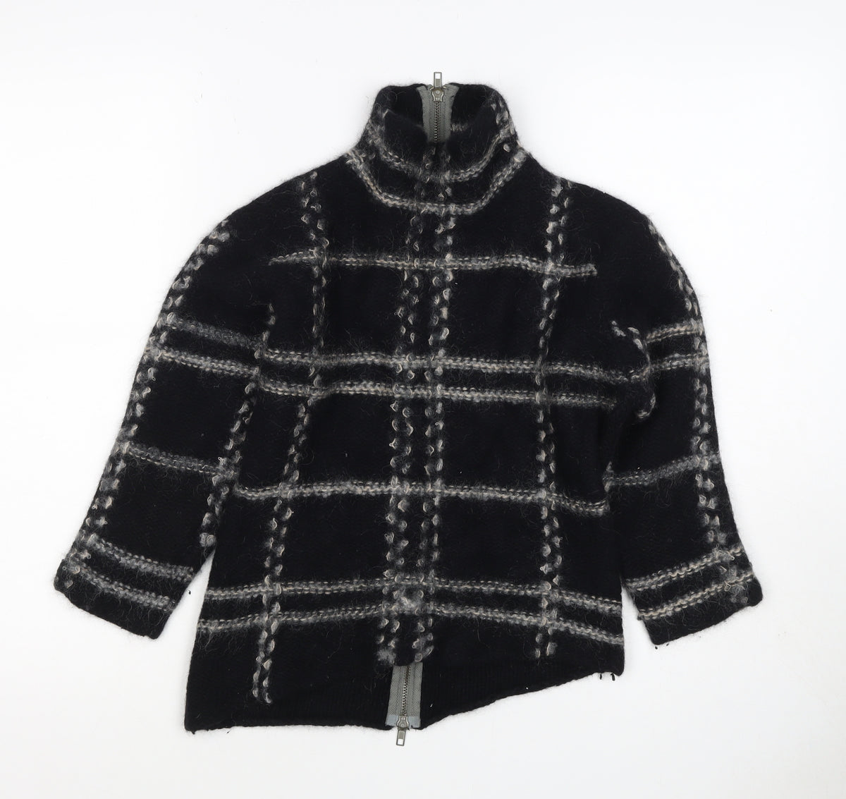 Firetrap Women Black M Full Zip High Neck Wool Blend Check Jumper