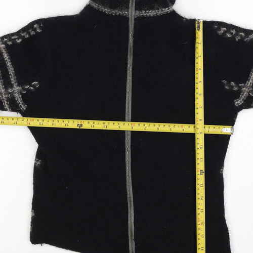 Firetrap Women Black M Full Zip High Neck Wool Blend Check Jumper