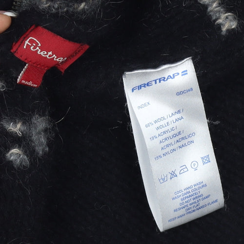 Firetrap Women Black M Full Zip High Neck Wool Blend Check Jumper