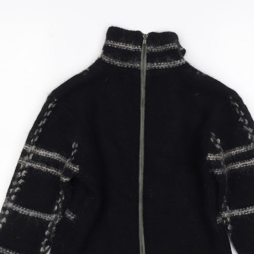 Firetrap Women Black M Full Zip High Neck Wool Blend Check Jumper