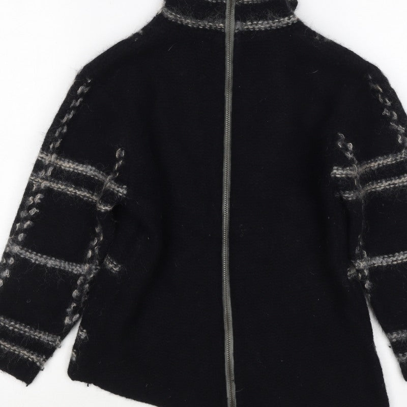 Firetrap Women Black M Full Zip High Neck Wool Blend Check Jumper