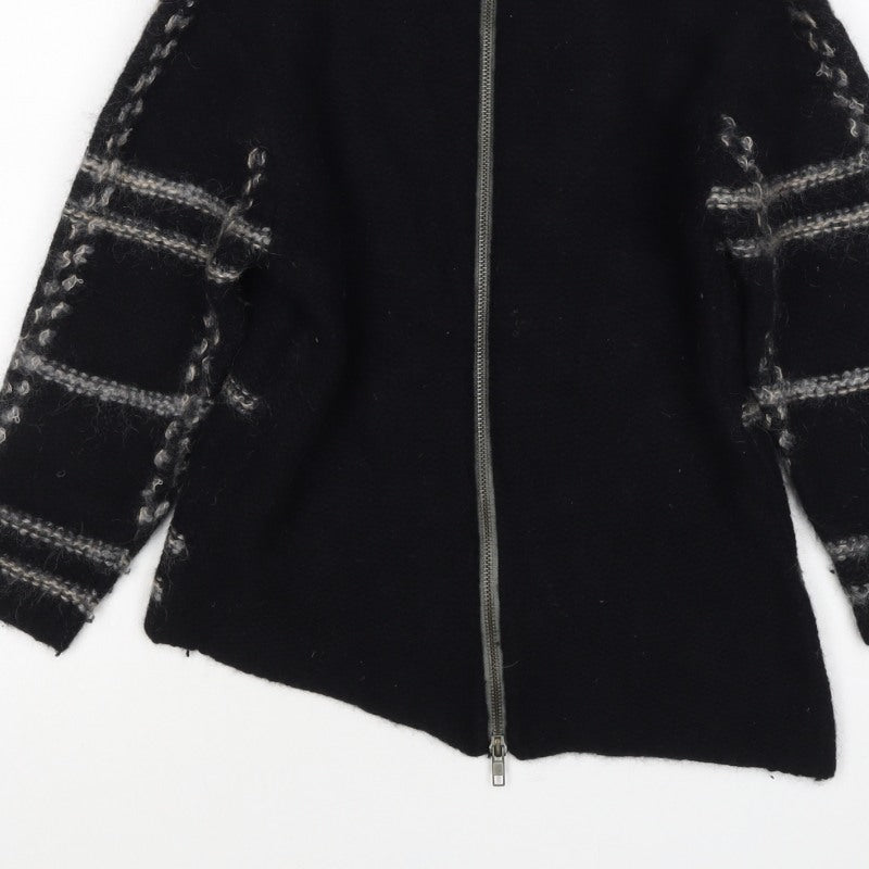 Firetrap Women Black M Full Zip High Neck Wool Blend Check Jumper