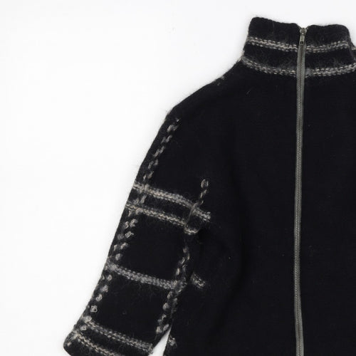 Firetrap Women Black M Full Zip High Neck Wool Blend Check Jumper