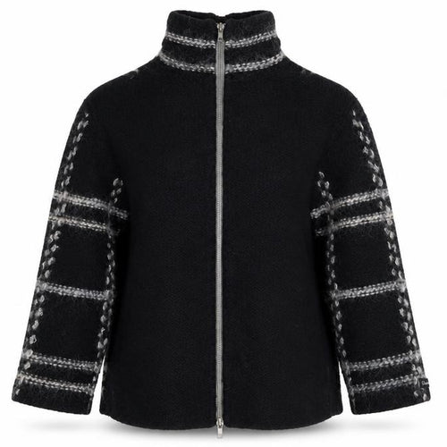 Firetrap Women Black M Full Zip High Neck Wool Blend Check Jumper