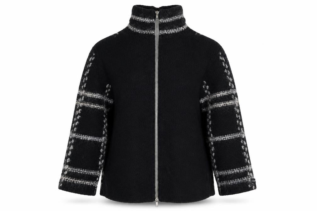 Firetrap Women Black M Full Zip High Neck Wool Blend Check Jumper