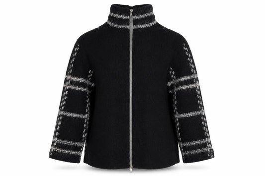 Firetrap Women Black M Full Zip High Neck Wool Blend Check Jumper
