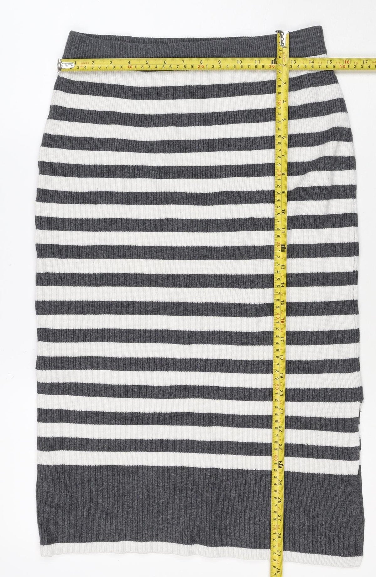 Brand and care label for Marks & Spencer Women Grey Stripe Knit Pencil Mini Skirt M