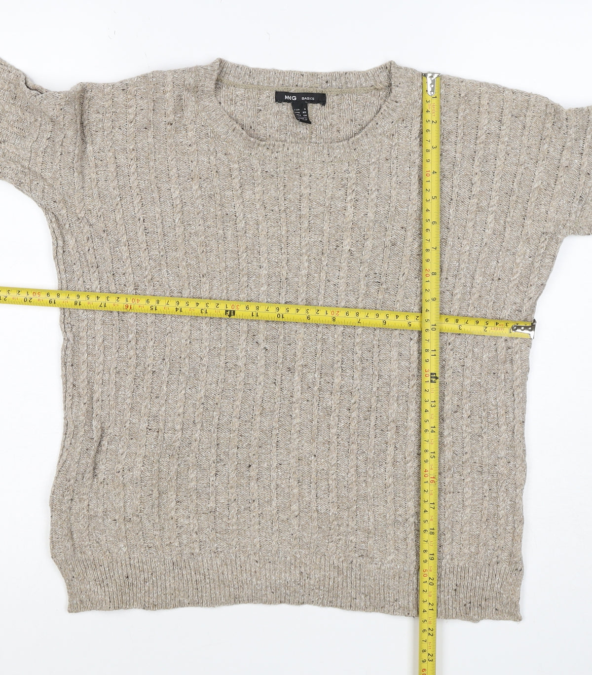 Brand and care label for MNG Basics Women Beige XS Cable-Knit Button Shoulder jumper