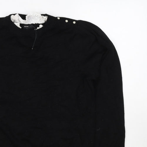 River Island Women Black UK 16 Pullover Jumper Lace Trim Pearl Buttons