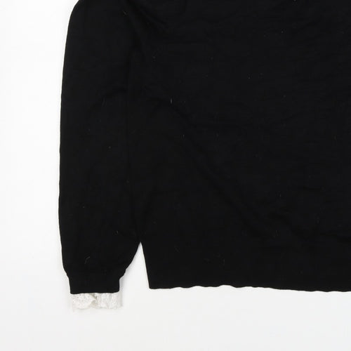 River Island Women Black UK 16 Pullover Jumper Lace Trim Pearl Buttons