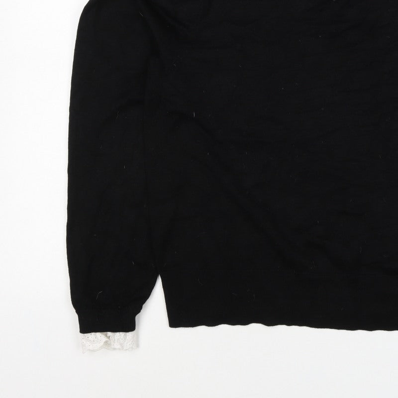 River Island Women Black UK 16 Pullover Jumper Lace Trim Pearl Buttons