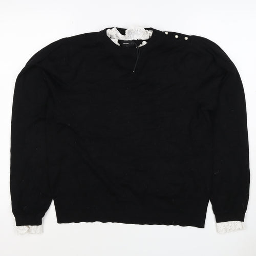 River Island Women Black UK 16 Pullover Jumper Lace Trim Pearl Buttons