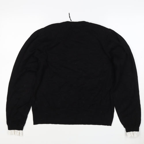 River Island Women Black UK 16 Pullover Jumper Lace Trim Pearl Buttons