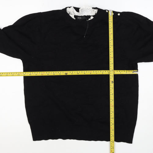 River Island Women Black UK 16 Pullover Jumper Lace Trim Pearl Buttons