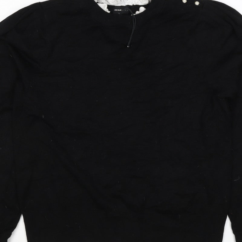 River Island Women Black UK 16 Pullover Jumper Lace Trim Pearl Buttons