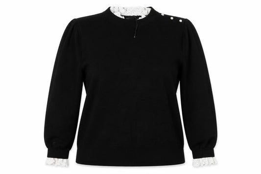 River Island Women Black UK 16 Pullover Jumper Lace Trim Pearl Buttons