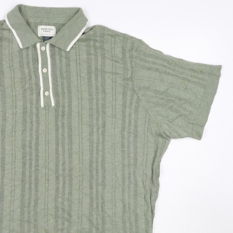 American Eagle Men Green XL Textured Knit Short Sleeve Polo Shirt