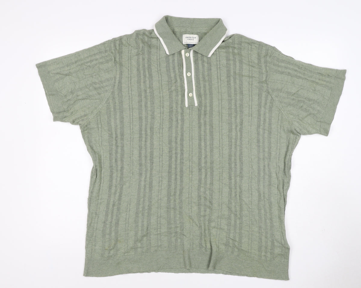 American Eagle Men Green XL Textured Knit Short Sleeve Polo Shirt