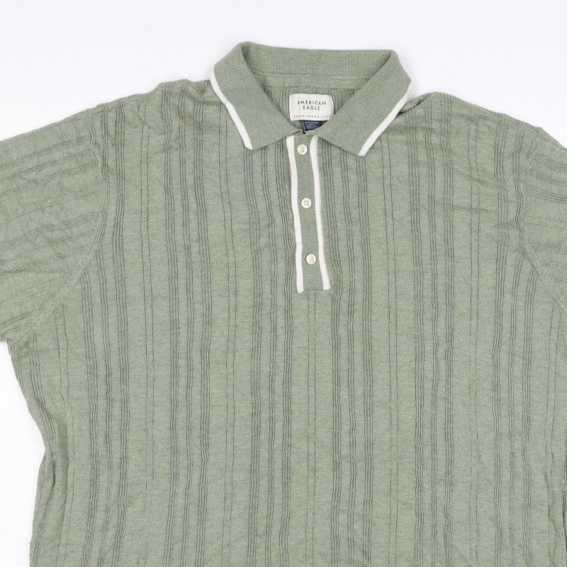 American Eagle Men Green XL Textured Knit Short Sleeve Polo Shirt