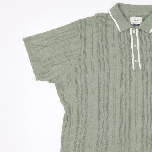American Eagle Men Green XL Textured Knit Short Sleeve Polo Shirt