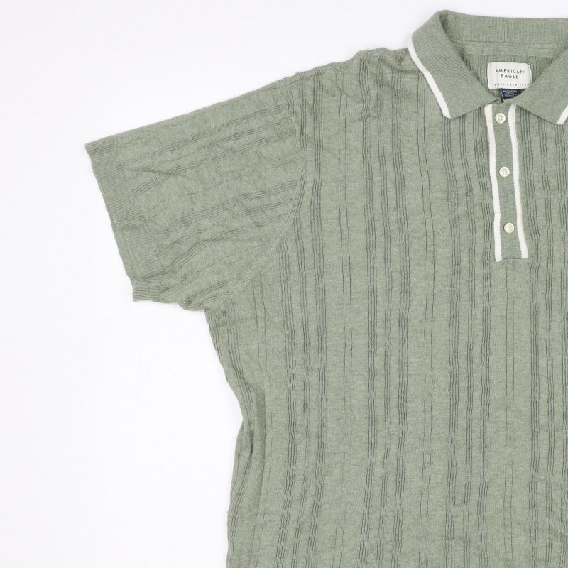 American Eagle Men Green XL Textured Knit Short Sleeve Polo Shirt