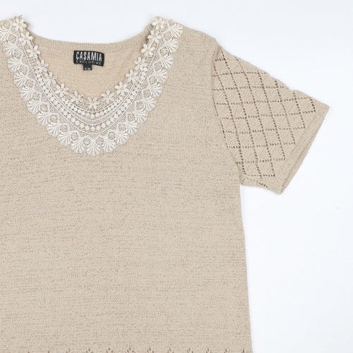 Casamia Women’s Beige S Knit Lace Scoop Neck Short Sleeve Jumper