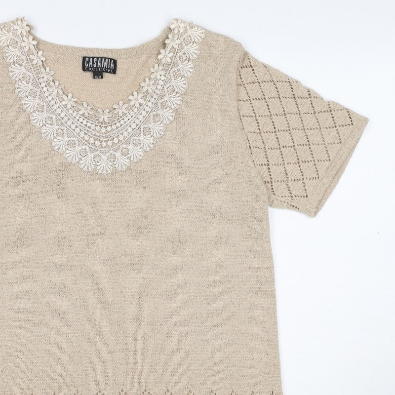 Casamia Women’s Beige S Knit Lace Scoop Neck Short Sleeve Jumper