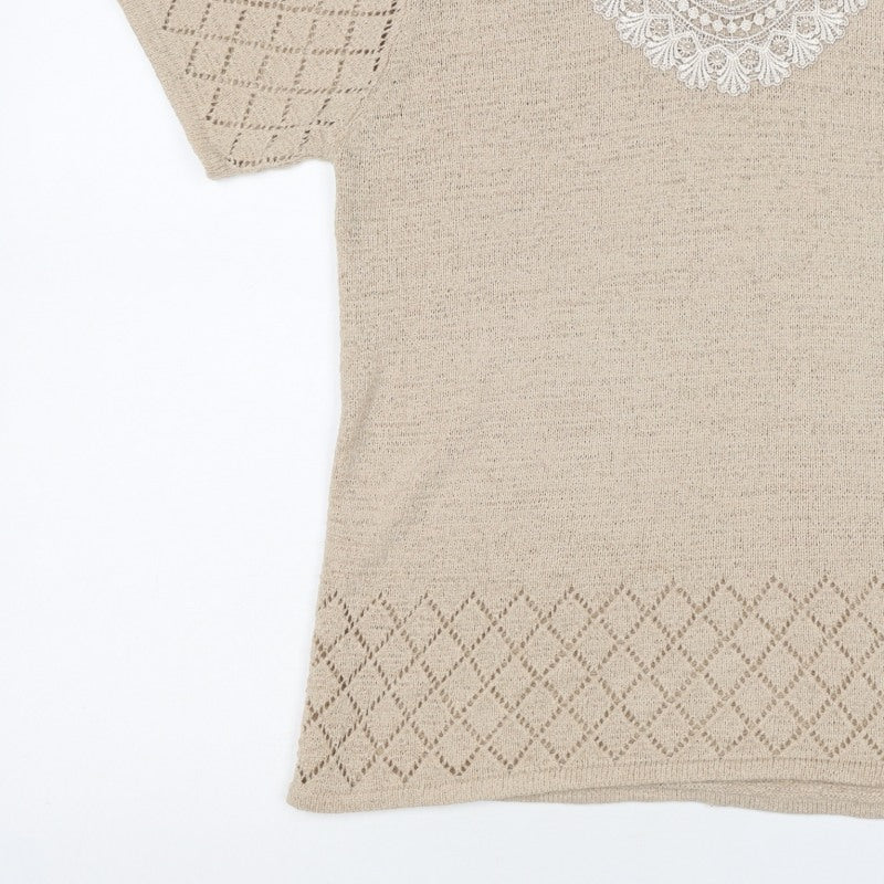 Casamia Women’s Beige S Knit Lace Scoop Neck Short Sleeve Jumper