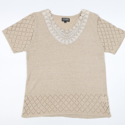 Casamia Women’s Beige S Knit Lace Scoop Neck Short Sleeve Jumper