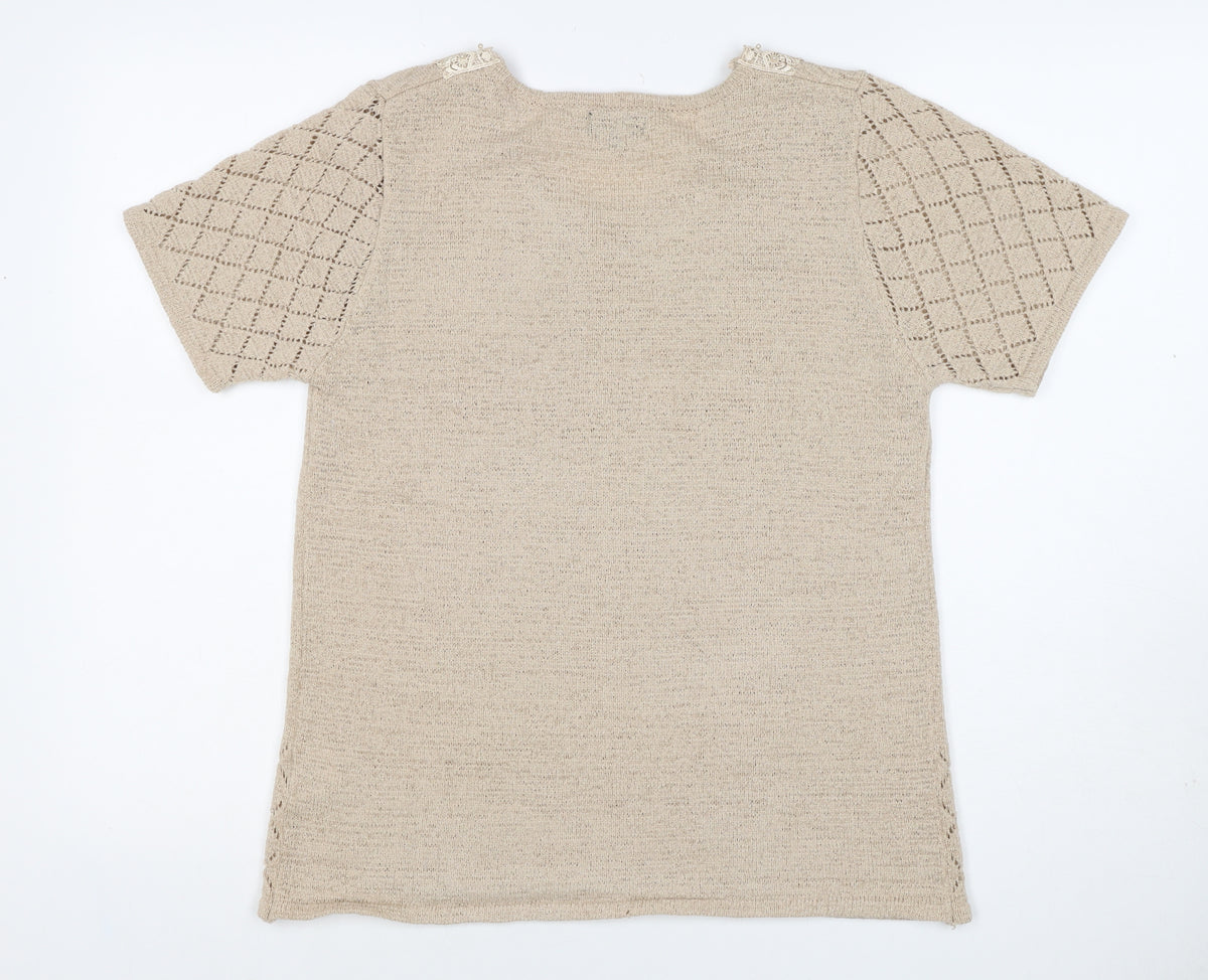 Casamia Women’s Beige S Knit Lace Scoop Neck Short Sleeve Jumper