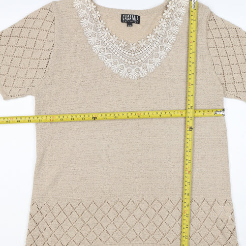 Casamia Women’s Beige S Knit Lace Scoop Neck Short Sleeve Jumper