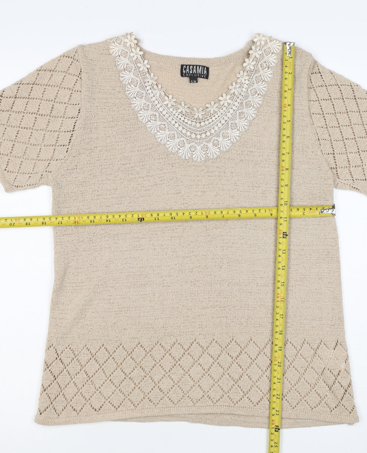 Casamia Women’s Beige S Knit Lace Scoop Neck Short Sleeve Jumper