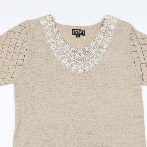 Casamia Women’s Beige S Knit Lace Scoop Neck Short Sleeve Jumper