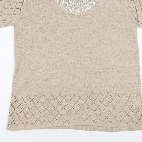 Casamia Women’s Beige S Knit Lace Scoop Neck Short Sleeve Jumper