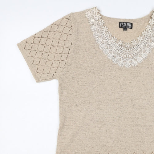 Casamia Women’s Beige S Knit Lace Scoop Neck Short Sleeve Jumper