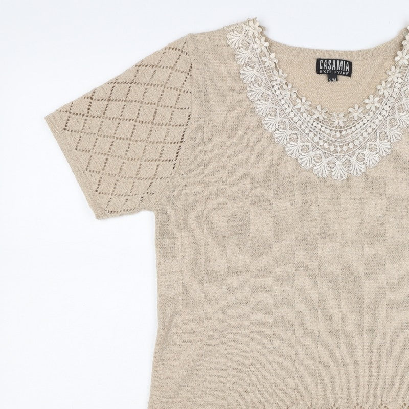 Casamia Women’s Beige S Knit Lace Scoop Neck Short Sleeve Jumper