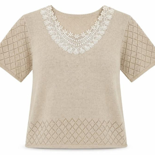 Casamia Women’s Beige S Knit Lace Scoop Neck Short Sleeve Jumper