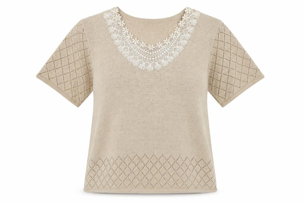 Casamia Women’s Beige S Knit Lace Scoop Neck Short Sleeve Jumper