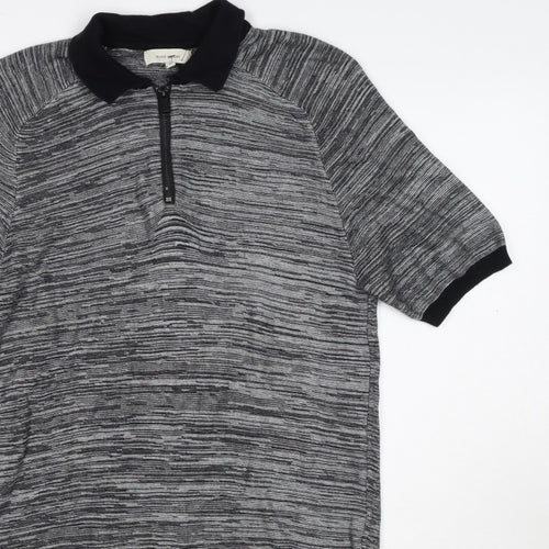 River Island Men’s Grey Striped Knit Zip Polo Shirt Size S